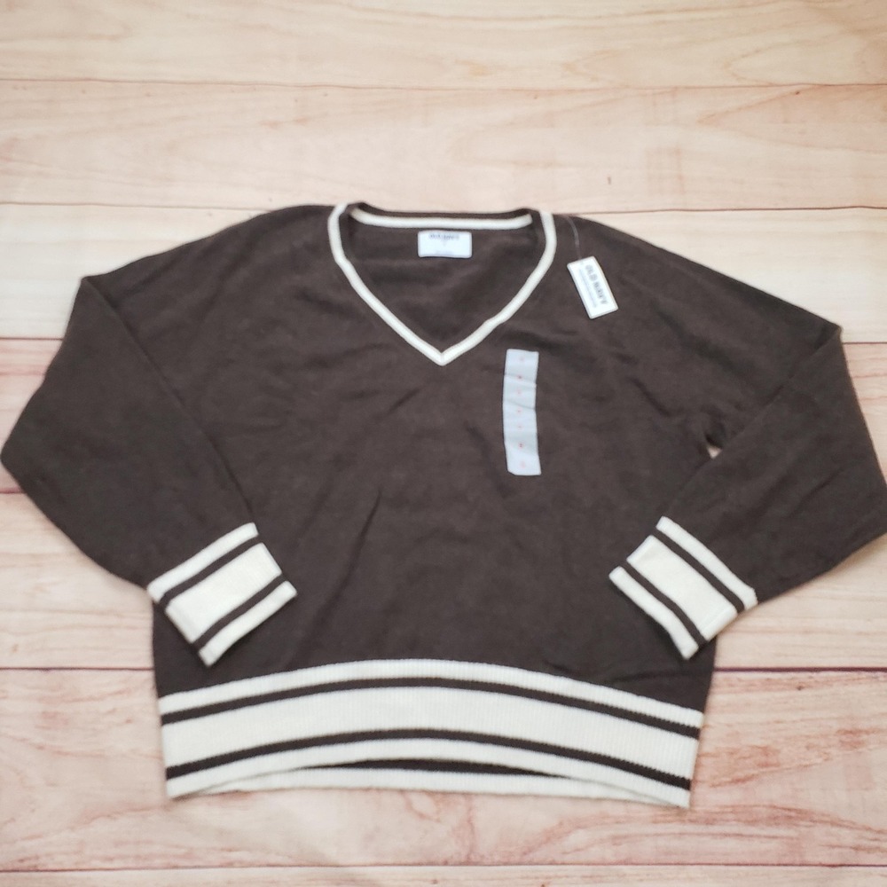 NEW Old Navy Sweater Mens Small Brown V-Neck‎ SoSoft Knit Pullover Striped Trim